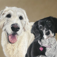 Pastel portrait of a Labradoodle and Spaniel
